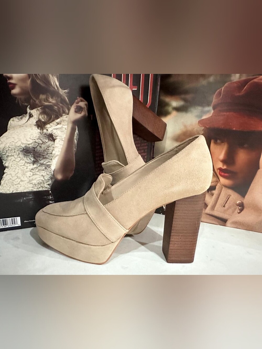 🔥Vince Camuto Mebrana Platform Pumps Tan Beige Suede Chunky Heel Size 8
